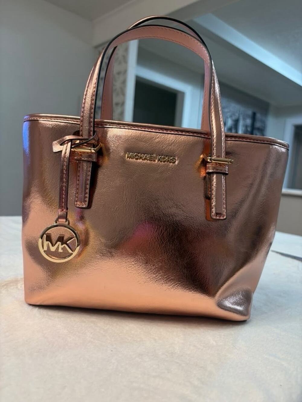 NWT Michael Kors Jet Set Travel XS Convertible Tote Rose Gold Metallic Purse